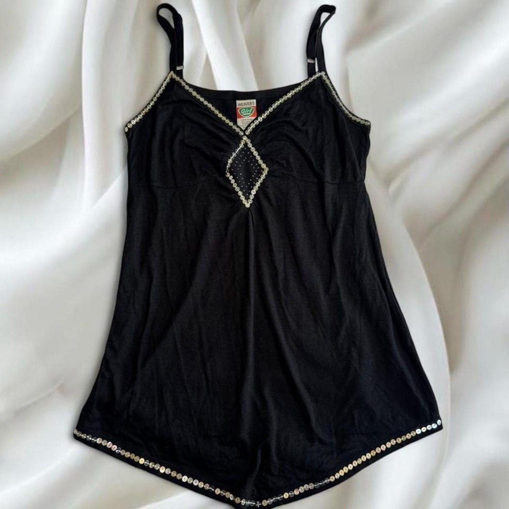 Weavers black beaded asymmetrical babydoll cami tank top y2k vintage mcbling